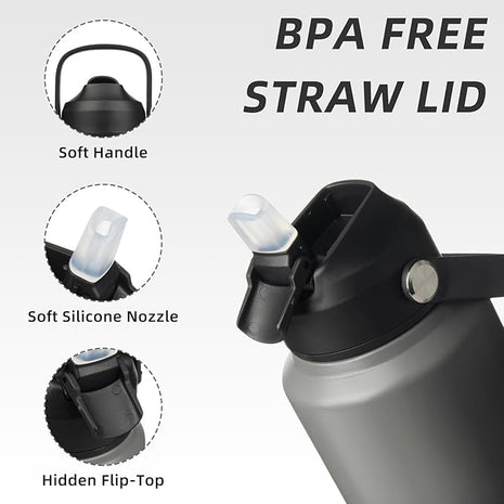 BJPKPK Water Bottle with Straw Lid, 32oz Vacuum Insulated Water Bottles, Metal Stainless Steel Thermo for Sports, Travel, BPA Free Leak Proof Thermo, Cups, Flasks, Tumblers,Black Grey