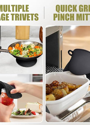 Rorecay 6pcs Oven Mitts and Pot Holders Sets Heat Resistant 500 Degrees, Extra Long and Non-Slip Silicone Oven Gloves Potholders Hot Pads for Kitchen Baking Cooking, Quilted Liner, Black