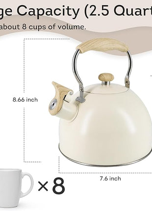 Lily's Home Whistling Tea Kettle, Teapot for Stovetop, Pleasant Whistle Sound, Heat Resistant Plastic Handle - Faux Wood Finish, Non Toxic Stove Kettle for Boiling Water - 2.5 Quarts (Cream)