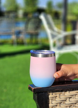 CHILLOUT LIFE 12 oz Stainless Steel Wine Tumbler with Lid - Double Wall Vacuum Insulated Wine Cup Glass Keeping Cold & Hot for Coffee, Champagne, Cocktails, Ice Cream - Powder Coated Pink/Teal