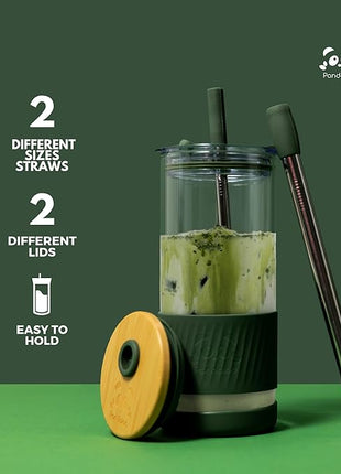 Pandaloo® Glass Cups With Lids and Straws -20 Fl Oz- Perfect Size Iced Coffee Cup - Smoothie Cup With Bamboo Lid and On the go Lid - Glass Tumbler (2 Count (Pack of 1), Lilac-Pink)