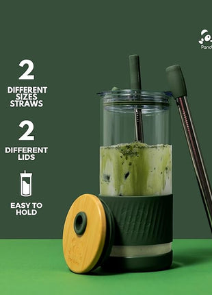 Pandaloo® Glass Cups With Lids and Straws -20 Fl Oz- Perfect Size Iced Coffee Cup - Smoothie Cup With Bamboo Lid and On the go Lid - Glass Tumbler (2 Count (Pack of 1), Lilac-Creamy Mushroom)