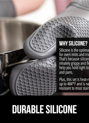 GORILLA GRIP BPA-Free Soft Silicone Oven Mitts and Pot Holders Sets of 4, Heat Resistant Waterproof Cooking Gloves, Thick Cotton Lining, Flexible Gripping for Baking Grilling, Kitchen Trivets, Gray