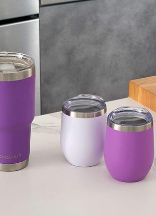 CHILLOUT LIFE 12 oz Stainless Steel Wine Tumbler with Lid - Double Wall Vacuum Insulated Wine Cup Glass Keeping Cold & Hot for Coffee, Champagne, Cocktails, Ice Cream - Powder Coated Purple