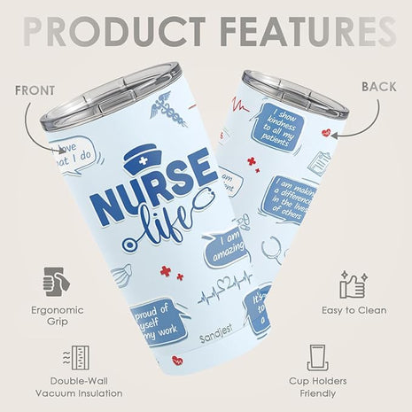 SANDJEST Nurses Tumbler 20oz, Stainless Steel Travel Cup with Lid, Nurse Life Insulated Coffee Mug, Gifts for Women Girls Friends Sisters on Birthday Christmas Nurse Week
