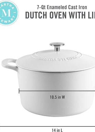 MARTHA STEWART Gatwick 7-Quart Enamel Cast Iron Dutch Oven Pot with Lid – Matte White – Durable Heavy-Duty Dutch Oven for Slow Cooking, Braising & Baking