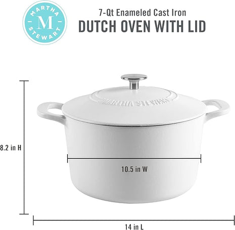 MARTHA STEWART Gatwick 7-Quart Enamel Cast Iron Dutch Oven Pot with Lid – Matte White – Durable Heavy-Duty Dutch Oven for Slow Cooking, Braising & Baking