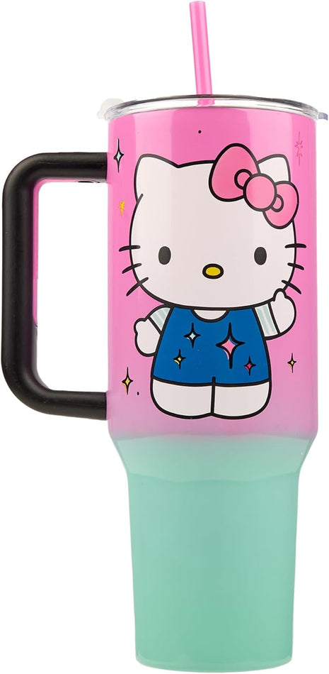 Bioworld Hello Kitty “Never Lose Your Spark” Vacuum Insulated 40 Oz. Pink & Green Ombre Stainless Steel Tumbler with Leak-Proof Lid & Easy Carry Handle for Travel or Home