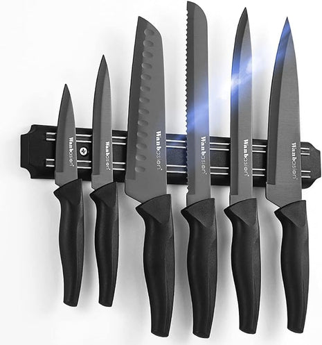 Wanbasion 7 Piece Black Sharp Knife Set for Kitchen, Stainless Steel Chef Knife Set with Magnetic Strip and Cover for Meat Cutting