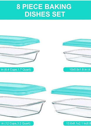 KOMUEE 8 Pieces Glass Baking Dish with Lids Rectangular Glass Baking Pan Bakeware Set with BPA Free Lids, Baking Pans for Lasagna, Leftovers, Cooking, Kitchen, Fridge-to-Oven, Green