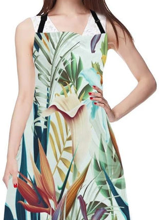 EKOBLA Tropical Flower Leaves Aprons Decorative Summer Leaf Nature Plant Hawaii Vocation Waterproof Resistant Chef Cooking Kitchen BBQ Adjustable Aprons for Women Men 27x31 Inch