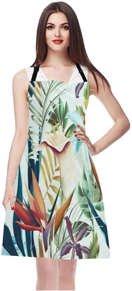 EKOBLA Tropical Flower Leaves Aprons Decorative Summer Leaf Nature Plant Hawaii Vocation Waterproof Resistant Chef Cooking Kitchen BBQ Adjustable Aprons for Women Men 27x31 Inch