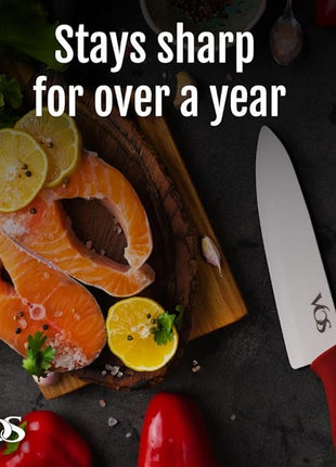 Vos Ceramic Knife with Peeler, Knives Set For Kitchen, Ultra Sharp Kitchen Knife Set with Covers, 4" 5" 6" 7" 8" Paring, Chef Knife, Santoku & 2 more, Lightweight, Dishwasher safe (Red)