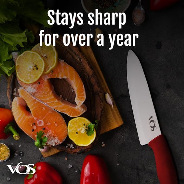 Vos Ceramic Knife with Peeler, Knives Set For Kitchen, Ultra Sharp Kitchen Knife Set with Covers, 4" 5" 6" 7" 8" Paring, Chef Knife, Santoku & 2 more, Lightweight, Dishwasher safe (Red)
