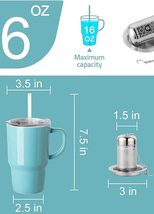 Sweejar Ceramic Travel Mug with Lid, 16 oz Portable Coffee Mug, Dishwasher Safe Tea Cup with Infuser, Reusable Teacup for Car Cup Holder, Tea Lovers(Turquoise)