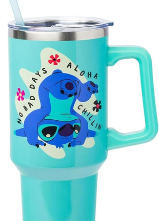 Silver Buffalo Disney Lilo and Stitch Aloha No Bad Days Chillin’ Stainless Steel Tumbler with Handle and Straw, Fits in Standard Cup Holder, 40 Ounces