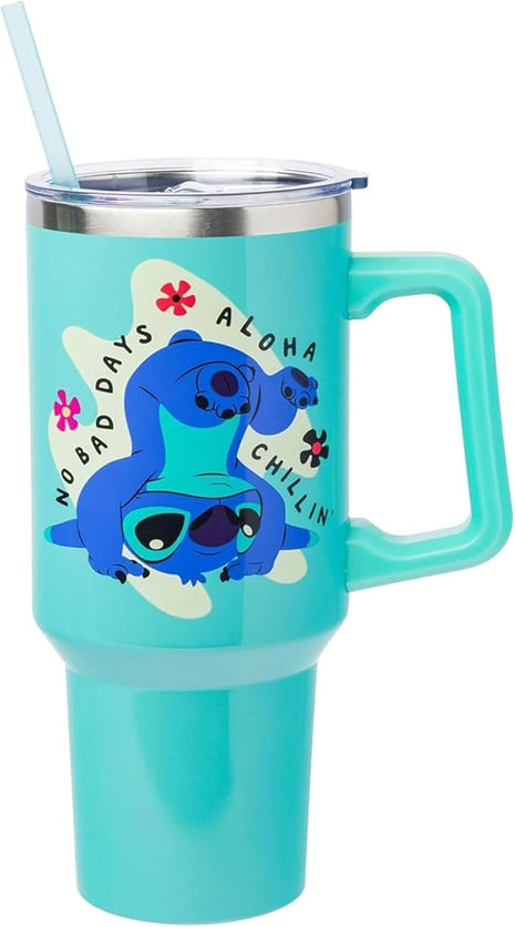 Silver Buffalo Disney Lilo and Stitch Aloha No Bad Days Chillin’ Stainless Steel Tumbler with Handle and Straw, Fits in Standard Cup Holder, 40 Ounces