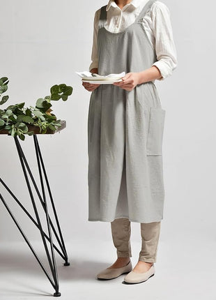 Uaussi Cotton Linen Apron Cross Back Work Apron for Women with Pockets Pinafore Dress X Cross Halter Apron for Chef Gardening