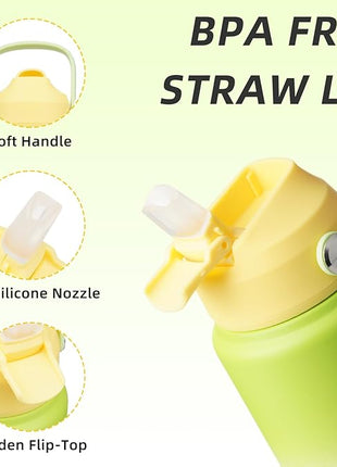BJPKPK Water Bottle with Straw Lid, 24oz Vacuum Insulated Water Bottles, Metal Stainless Steel Thermo for Sports, Travel, BPA Free Leak Proof Thermo, Cups, Flasks, Tumblers,Green