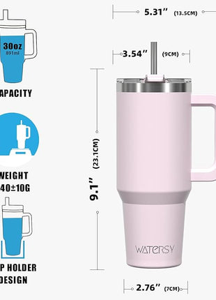 30 oz Tumbler with Handle,Tumbler with Lid and Straw,Double Wall Insulated Cup Stainless Steel Travel Mug(Cold for 34 Hours),Water Bottle for Iced Tea,Coffee,Cold Beverages(Rose Quartz)