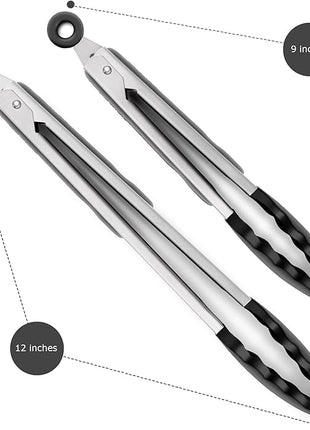 2 Pack Black Kitchen Tongs, Premium Silicone BPA Free Non-Stick Stainless Steel BBQ Cooking Grilling Locking Food Tongs, 9-Inch & 12-Inch