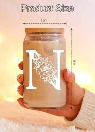 Coolife Initial Glass Cup, Monogrammed Gifts for Women, 16 oz Glass Cups w/Lids Straws, Iced Coffee Smoothie Beer Tumbler w/Straw Lid - Personalized Christmas, Birthday Gifts for Her Mom Friend Woman
