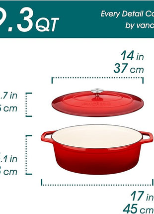 vancasso Enameled Cast Iron Dutch Oven, 9.3 Quart Dutch Oven Pot with Lid, Oval Dutch Oven Cast Iron Pot with Non Stick Enamel Coating for Bread Baking, Red