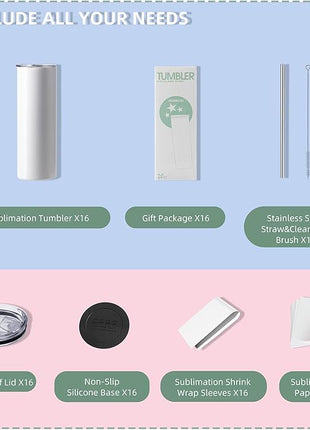 MURRICON 16 Pack Sublimation Tumblers 20 oz Skinny,Stainless Steel Insulated Blanks Tumbler with Lid,Straw,Sublimation Paper,Individually Boxed,Shrink Wrap and Rubber Bottom