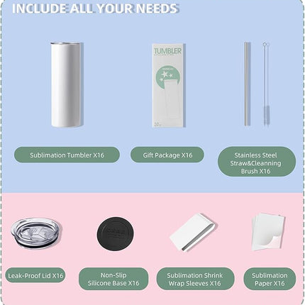 MURRICON 16 Pack Sublimation Tumblers 20 oz Skinny,Stainless Steel Insulated Blanks Tumbler with Lid,Straw,Sublimation Paper,Individually Boxed,Shrink Wrap and Rubber Bottom