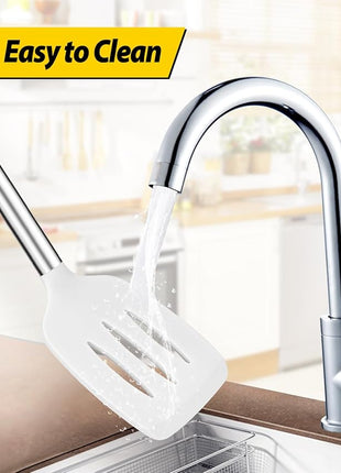 Pack of 4 Silicone Cooking Utensils Set, Non Stick Large Solid Spatulas, Heat Resistant Slotted Spoons, Ideal BPA Free Kitchen Turners for Frying, Mixing,Serving,Draining,Turning,Stirring (WHITE)