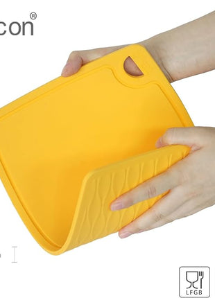 Liflicon Thick Cutting Boards for Kitchen Silicone Chopping Board Set of 2 Mid 12.6'' x 9.1”,Mini 9.1”x7.1” Non-slip Deep Drip Juice Groove Easy Grip Handle,Dishwasher Safe-Yellow