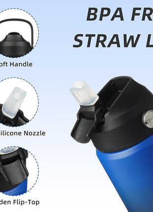 BJPKPK Insulated Water Bottle with Straw Lid, 18oz Thermo Water Bottles, Flex Handle & Non-slip Boot, BPA Free Leak Proof Stainless Steel Metal Thermo, Tumblers, Cups,Black Blue