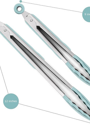 9-Inch & 12-Inch Cooking Tongs, Premium Silicone Set of 2 BPA Free Non-Stick Stainless Steel BBQ Grilling Locking Food Tong, Aqua Sky