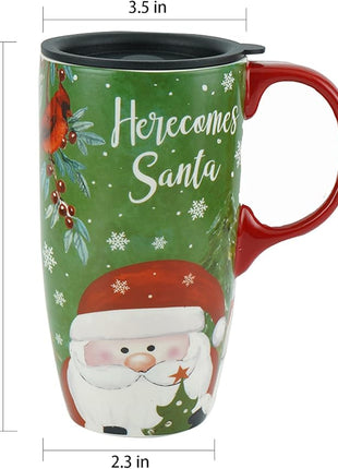 Topadorn Christmas Ceramic Mug Coffee Cup with Sealed Lid and Gift Box Latte Mug, 17oz. Here Comes Santa Claus