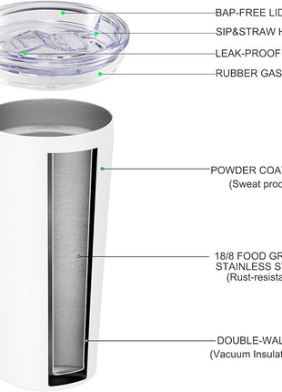 VEGOND 20oz Tumbler Bulk with Lid and Straw 6 Pack, Stainless Steel Vacuum Insulated Tumbler, Double Wall Coffee Cup Travel Mug, White