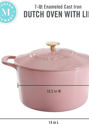 MARTHA STEWART Gatwick 7 QT Enamel Cast Iron Dutch Oven Pot with Lid, Pink
