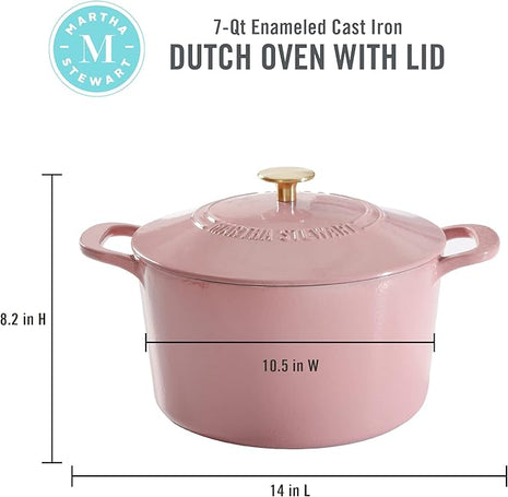 MARTHA STEWART Gatwick 7 QT Enamel Cast Iron Dutch Oven Pot with Lid, Pink
