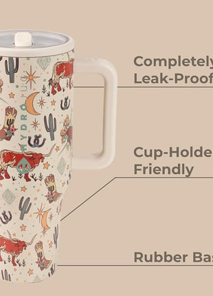 HydroJug Traveler - 32 oz Water Bottle with Handle & Flip Straw - Fits in Cup Holder, Leak Resistant Tumbler-Reusable Insulated Stainless Steel & Rubber Base - Gifts for Women & Men, Rodeo