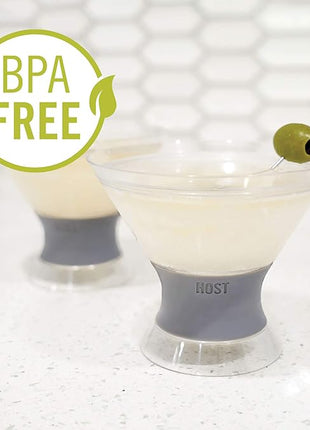 Host Freeze Insulated Martini Cooling Cups, Plastic Freezer Gel Chiller Double Wall Stemless Cocktail Glass Set of 2, 9 oz, Grey