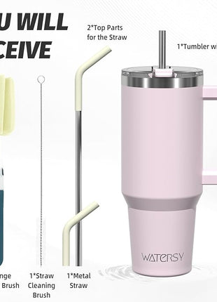 40 oz Tumbler with Handle,Tumbler with Lid and Straw,Double Wall Insulated Cup Stainless Steel Travel Mug(Cold for 34 Hours),Water Bottle for Iced Tea,Coffee,Cold Beverages(Rose Quartz)