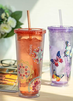 bzyoo SIP 24oz (710ml) Double Wall Plastic Tumbler with Lid and Straw Cold Drink Travel Mug Reusable Party Cup Perfect for Ice Coffee, Tea Office Poolside Parties Gifts Color: Medallion Orange