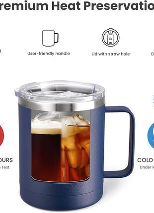 MEWAY 12oz Coffee Mug With Handle 2 Pack Bulk,Stainless Steel Insulated Travel Tumblers With Sliding Lid,Double Wall Vacuum Camping Cup for Hot & Cold Drinks (Navy Blue, 2)