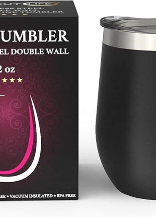 CHILLOUT LIFE 12 oz Stainless Steel Wine Tumbler with Lid - Double Wall Vacuum Insulated Wine Cup Glass Keeping Cold & Hot for Coffee, Champagne, Cocktails, Ice Cream - Powder Coated Black