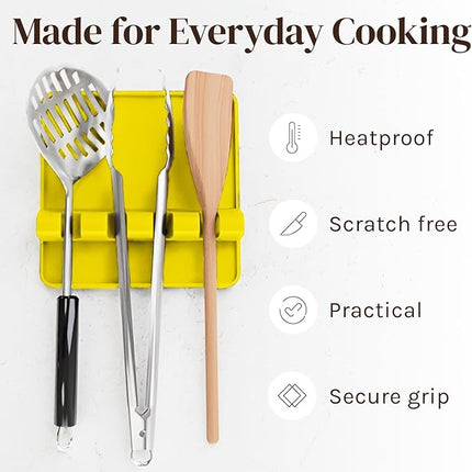 Yellow Silicone Spoon Rest for Stove Top with Drip Pad (Two Pack) - Heat Resistant BPA Free Utensil Rest & Spoon Holder for Kitchen Counter - Grill Utensil Holder - Spatula Holder, Tongs, Ladle
