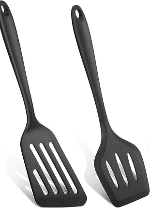 Silicone Spatula Turner Set, 2PCS Heat-Resistant Non-Stick Fish Slotted Spatula Kitchen Utensil Set for Cooking, Baking and Mixing, BPA Free & Dishwasher Safe (Black)