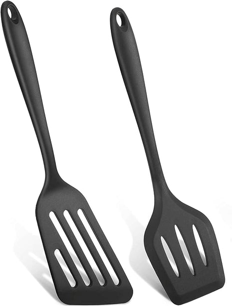 Silicone Spatula Turner Set, 2PCS Heat-Resistant Non-Stick Fish Slotted Spatula Kitchen Utensil Set for Cooking, Baking and Mixing, BPA Free & Dishwasher Safe (Black)