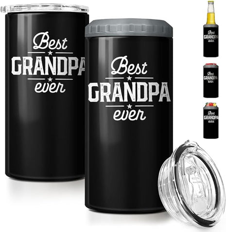 SANDJEST 4-in-1 Grandpa Tumbler Gifts for Papa from Grandkids - 12oz Best Grandpa Ever Can Cooler Tumblers Cup - Stainless Steel Insulated Cans Coozie Christmas, Birthday, Father's Day Gift for Papas