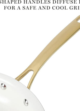 Martha Stewart Lockton Premium Non stick Non Toxic PFA Free Ceramic Interior 10 Piece Heavy Gauge Enamel Aluminum Pots and Pans Cookware Set - Linen White w/Gold Handle