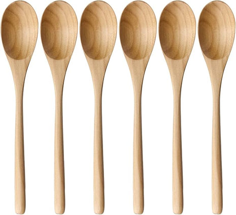 AOOSY Wooden Spoons for Cooking, 9 Inches 6 Pieces Japanese Natural Ellipse Wooden Spoon Set for Cooking Mixing Stirring Honey Tea Soda Dessert Coconut Bowl Nonstick Pots Kitchen