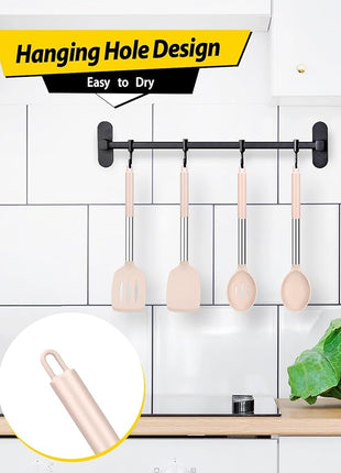 Pack of 4 Silicone Cooking Utensils Set, Non Stick Large Solid Spatulas, Heat Resistant Stainless Steel Khaki Slotted Spoons, Ideal BPA Free Kitchen Turners for Frying, Mixing,Serving,Draining,Turning